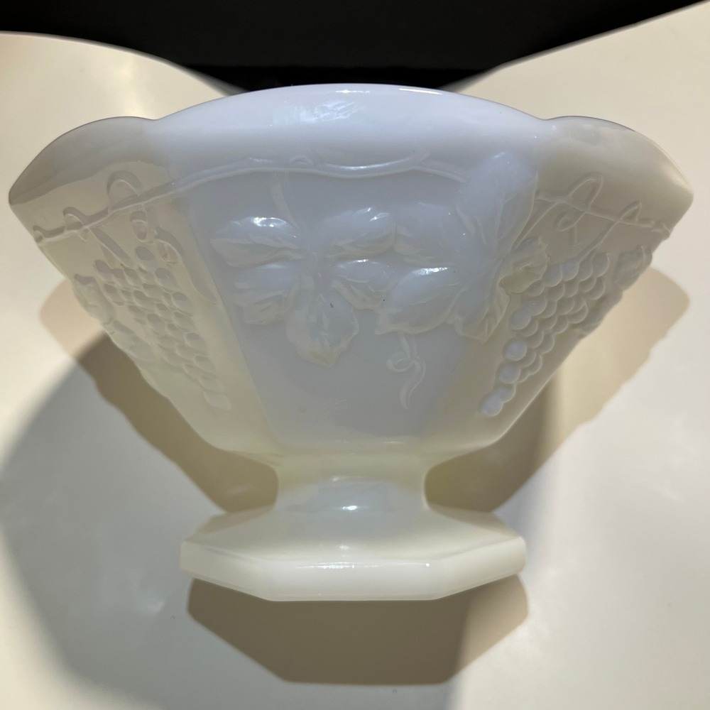 Vintage Milk Glass Paneled Grape Footed Bowl Scalloped Pedestal 8.5 Inch - Picture 7 of 9